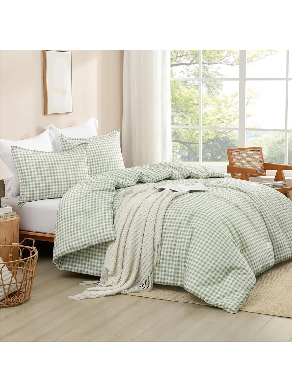 NEW Sage Gingham Comforter Set, Green Checkered, 3 Pieces. Full